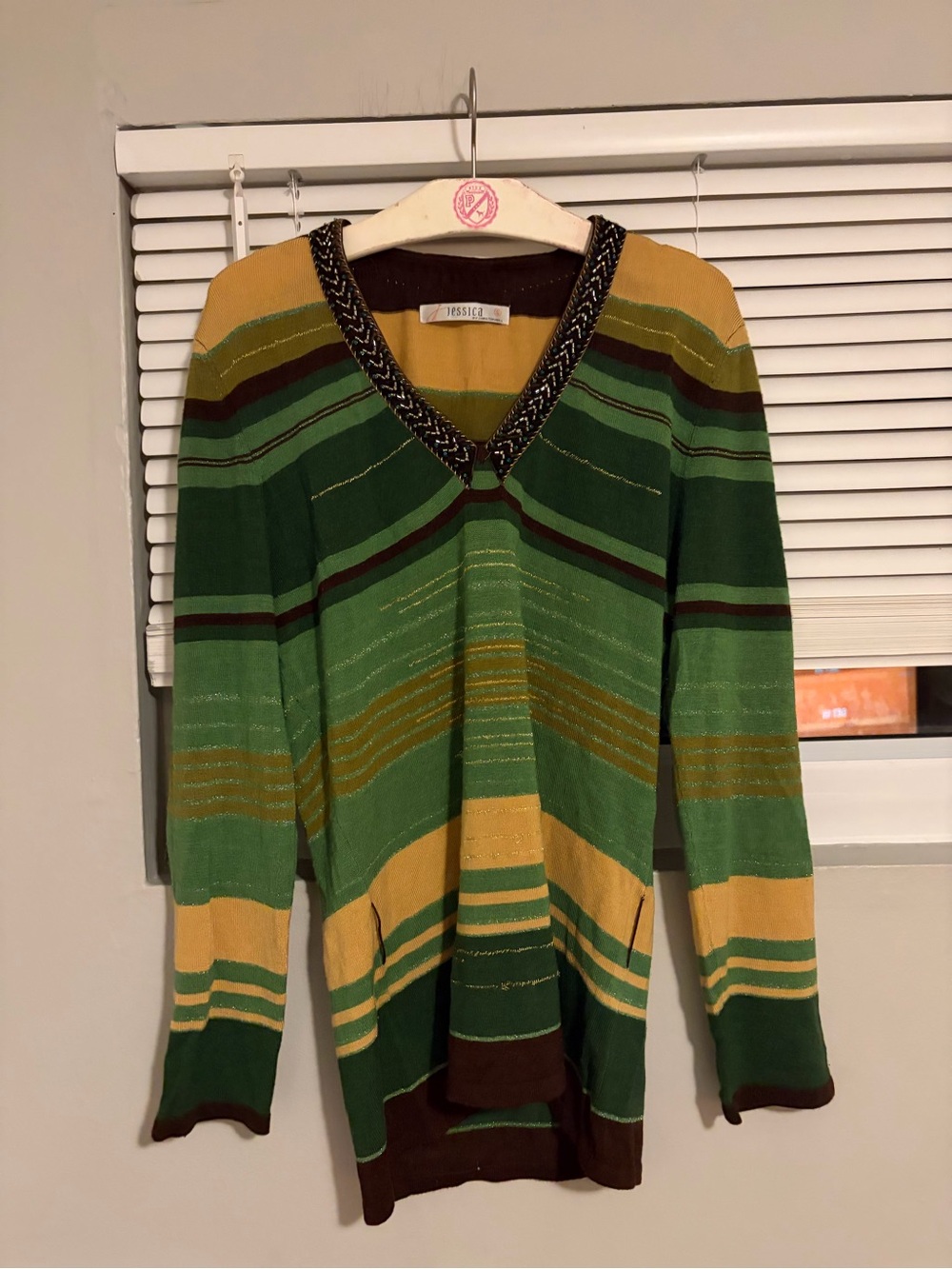 Y2K Jessica Striped V-Neck Sweater in Green, Mustard and Brown